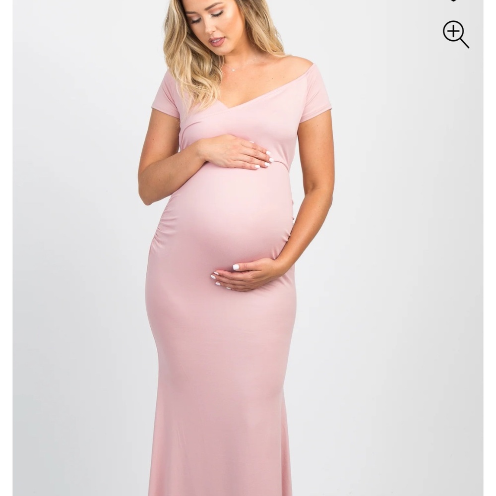 Pink blush off shoulder wrap maternity photo shoot dress